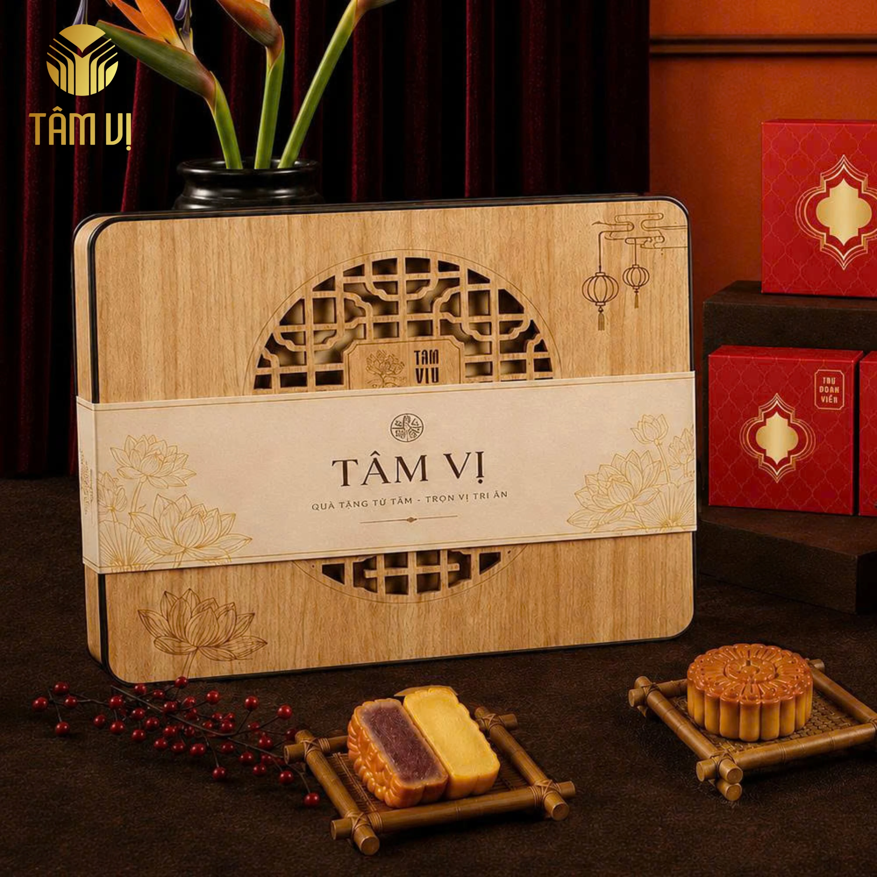 Hộp Gỗ Bánh Trung Thu Sen Mộc 02