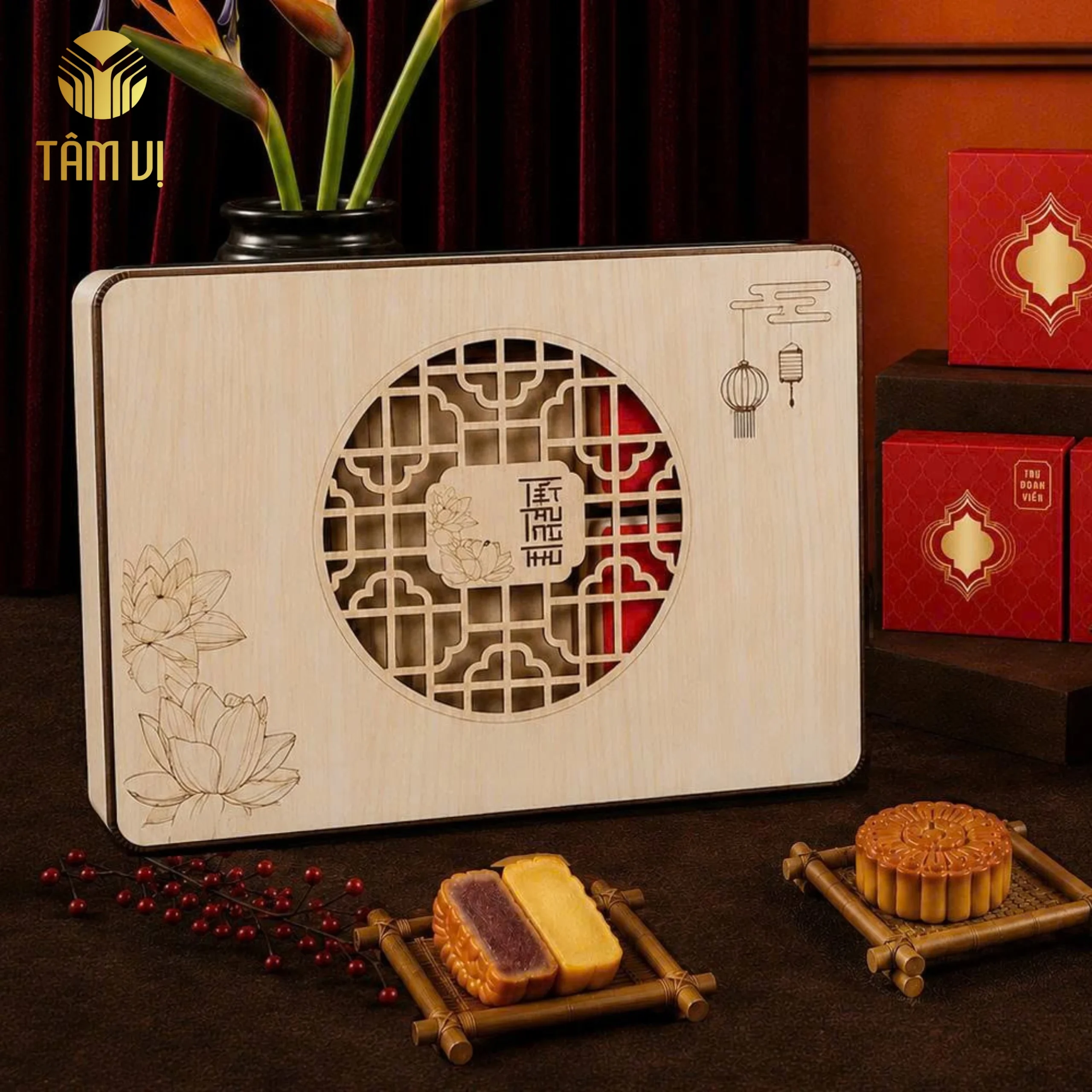 Hộp Gỗ Bánh Trung Thu Sen Mộc 01