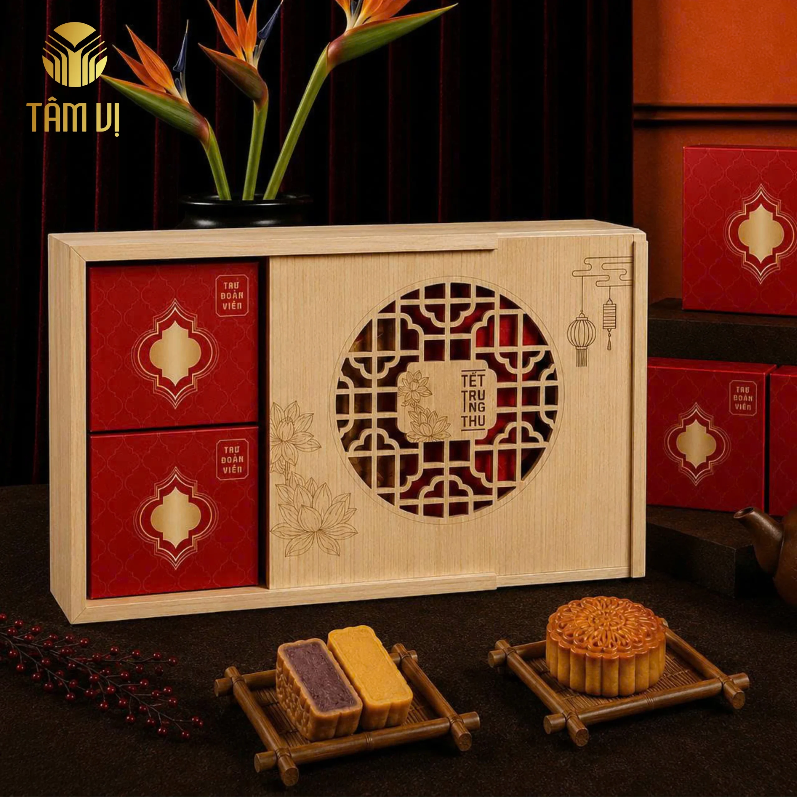 Hộp Gỗ Bánh Trung Thu Sen Mộc 07